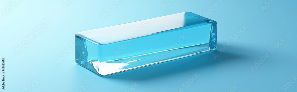 Poster 3D rendering of a blue rectangular glass object on a blue background for product presentation
