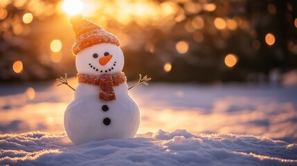 Fototapeta premium A snowman with an orange hat and scarf is illuminated by the setting sun amid a gentle snowfall. This picturesque scene captures the serene beauty of a winter evening.