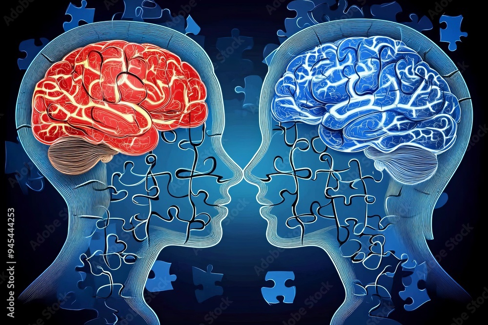 Poster dual color brain puzzle illustration depicting the cognitive and emotional contrast in thought proce