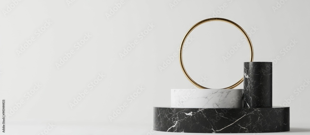 Aufkleber 3D rendering of black and white marble pedestal steps on a white background featuring a golden ring round frame three cylinders and an abstract minimal concept emphasizing a clean and luxurious min