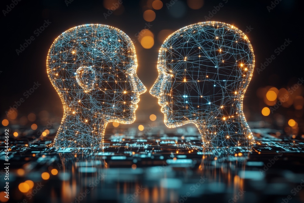 Poster futuristic digital silhouette of human heads with glowing neural connections depicting the complexit