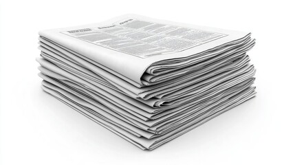 Stack of neatly arranged newspapers on a plain white background, media and information concept