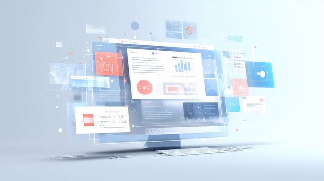 Concept of assembling a web page from modules that fly around the display. The web design studio concept page is on the display