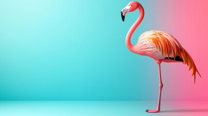 Pink Flamingo on Blue and Pink Gradient Background.