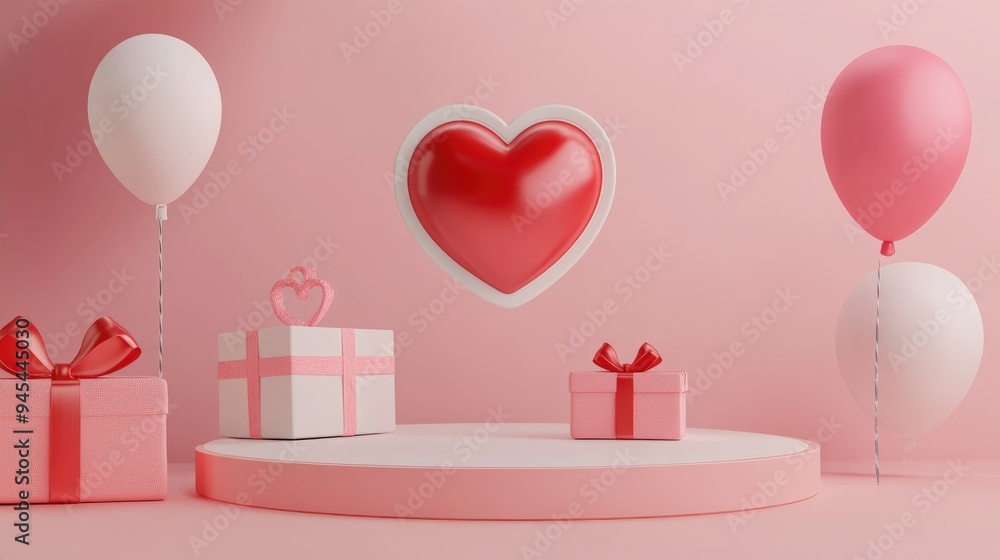 Poster 3d rendering of a heart icon in a speech bubble pinned on a podium alongside a gift box and balloon 
