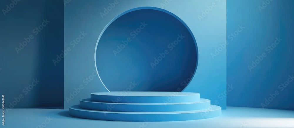 Poster 3d rendering of a blue podium featuring a circular background