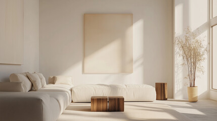 Modern luxury interior design of a living room in house and sun rays from the window against the background of concrete walls. White balnk painting frame in the middle to place your design.