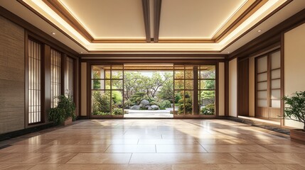 Spacious room with large windows overlooking a lush garden.