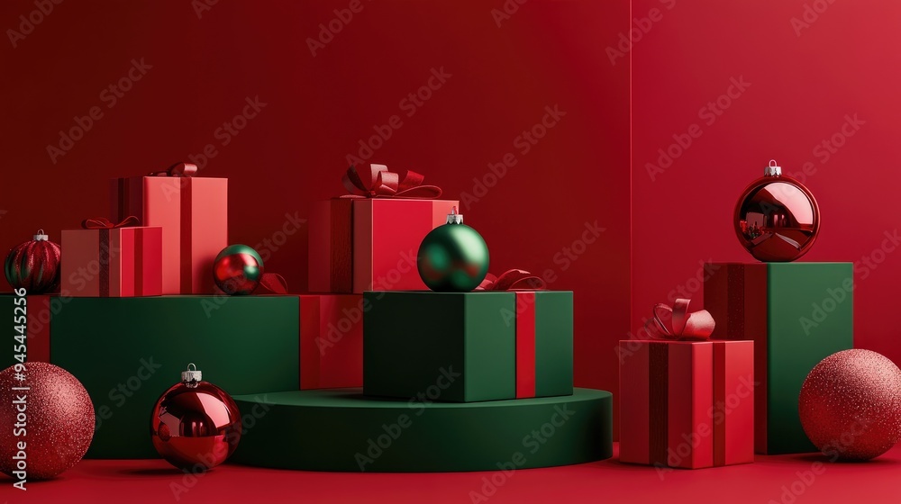 Aufkleber 3D rendering of green and red product display stands featuring gift boxes and Christmas baubles on a red backdrop Elegant Christmas product showcase setting