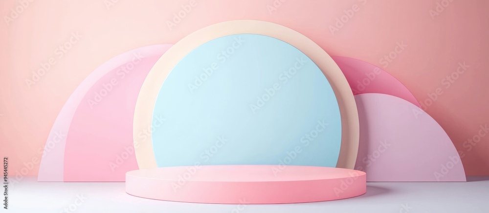 Poster 3d rendering of an abstract platform featuring a minimalist pastel podium display