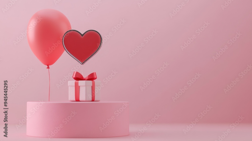 Poster 3d rendering of a heart icon in a speech bubble pinned on a podium alongside a gift box and balloon 