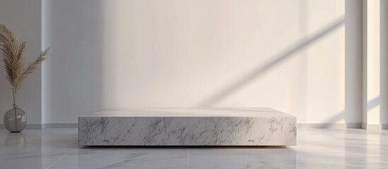 3D rendering of a square marble pedestal and podium for product display on a white floor The scene features a visually appealing white wall in the background The pedestal is suitable for advertisi