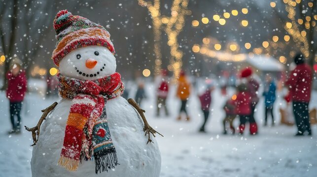 A charming snowman with a colorful scarf and a hat, with an orange carrot nose and coal eyes, stands at a festive evening event with people in the snowy background.