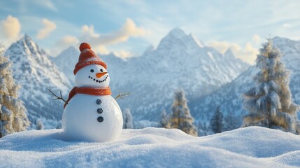 A vibrant snowman wearing an orange hat and scarf stands in a snow-covered forest, surrounded by snow-laden trees with majestic mountains and a soft blue sky in the background.