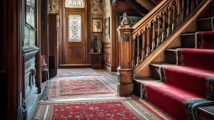 A vintage wooden staircase with a red carpet runner, ornate newel posts, and a stained glass entryway.