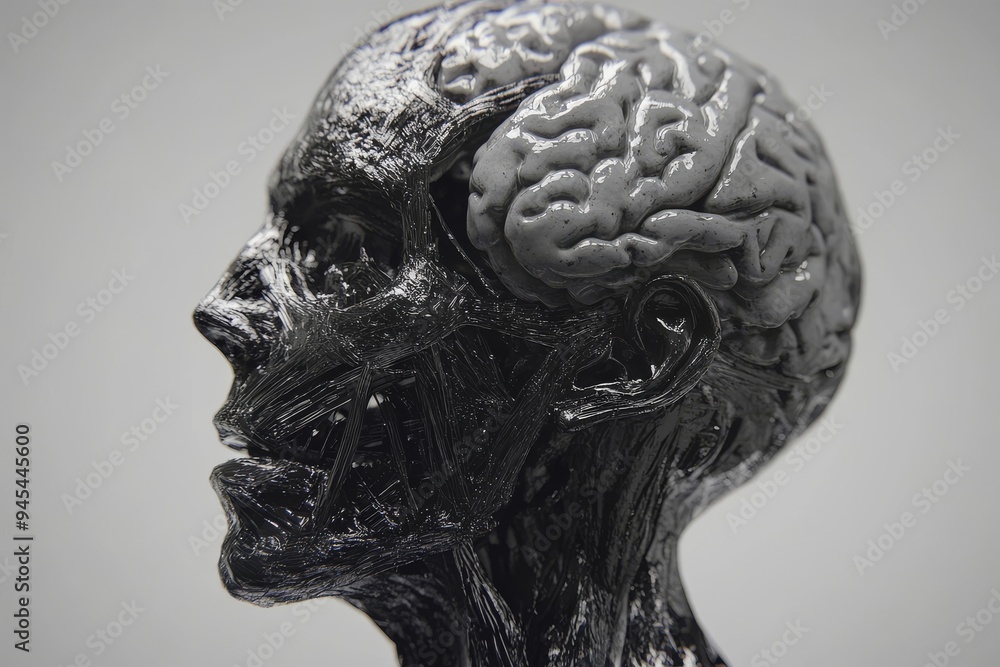 Poster futuristic sculptural portrait of a human head with exposed brain depicting the complexity of cognit
