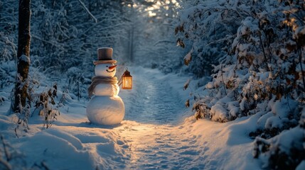 A snowman stands on a snowy path in the forest, holding a glowing lantern, creating a whimsical winter scene illuminated by soft warm lights at dusk.