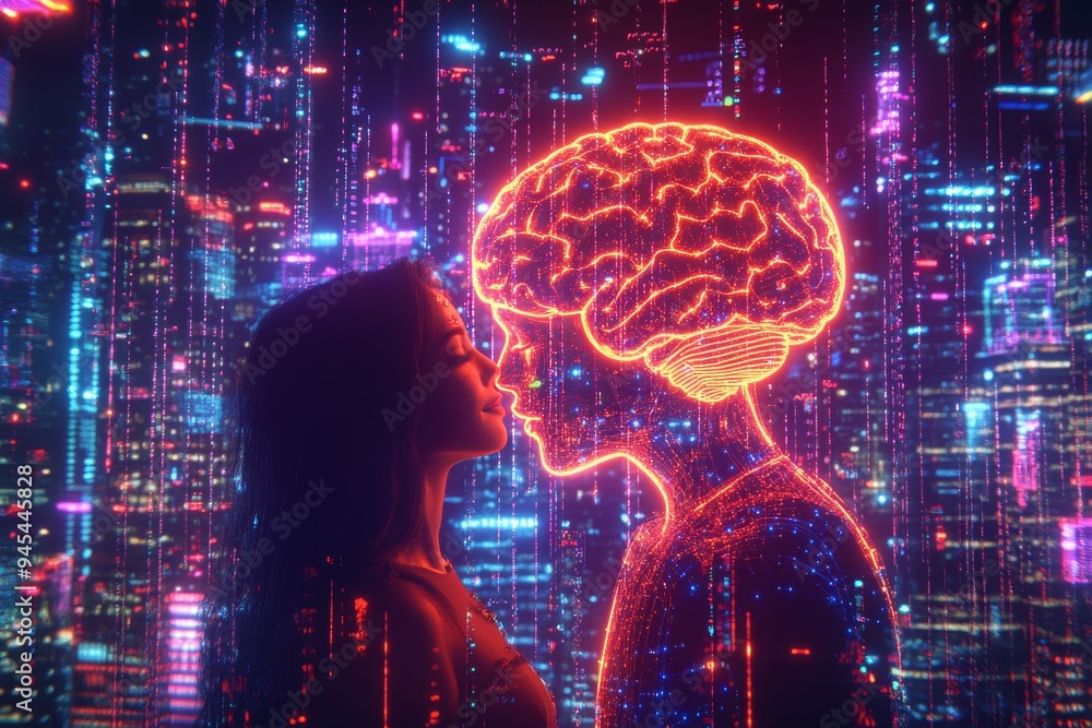 Poster futuristic neon digital illustration of a couple with glowing brain structures depicting the cogniti