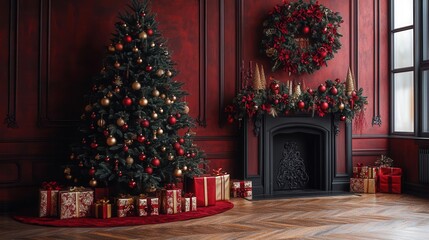 festive studio setup with elegant christmas decor rich red backdrop complements gold ornaments and gifts beautifully decorated tree as focal point luxurious holiday ambiance