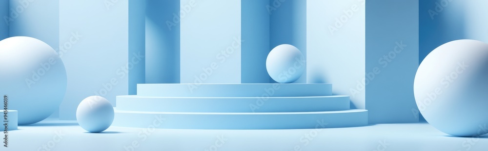 Poster 3D blue podium background texture featuring pastel hues Abstract geometric forms including triangles and spheres 3D rendering suitable for mockup Minimalist scene with creative concepts