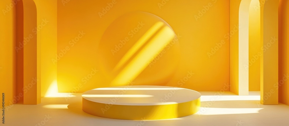 Poster 3D Render of an Abstract Yellow Composition Featuring a Round Podium Minimalistic Studio Environment with Pedestal and Space for Text Futuristic Interior Background for Displaying Products and Pres