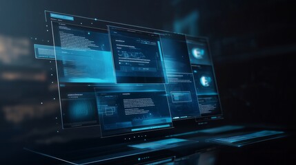 Concept of assembling a web page from modules that fly around the display. The web design studio concept page is on the display