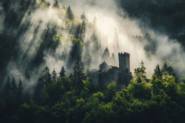 Fototapeta premium Perched atop a mist-covered forest hill, the ancient castle is bathed in golden sunlight, creating a scene from a fairytale with its stone walls cloaked in mystery and majesty.