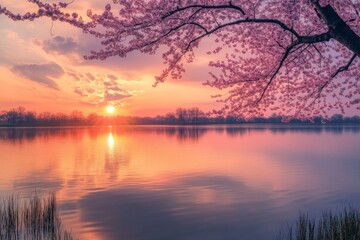 Obraz premium An elegant sunset is beautifully framed by cherry blossoms, creating a harmonious and breathtaking lakeside scene that perfectly captures natural spring beauty.