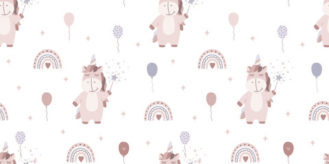 Cute childrens pattern in minimal design with unicorn, rainbow, balloons. Vector illustration in flat style. Cartoon bohemian seamless pattern in pastel beige colors.