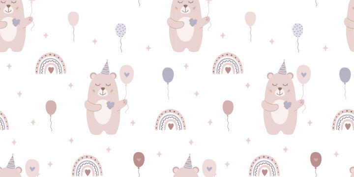 Cute childrens pattern in minimal design with lovely bear, rainbow, balloons. Vector illustration in flat style. Cartoon bohemian seamless pattern in pastel beige colors.