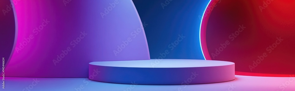 Poster 3d render of an abstract pastel violet and blue background featuring an empty podium alongside curvy
