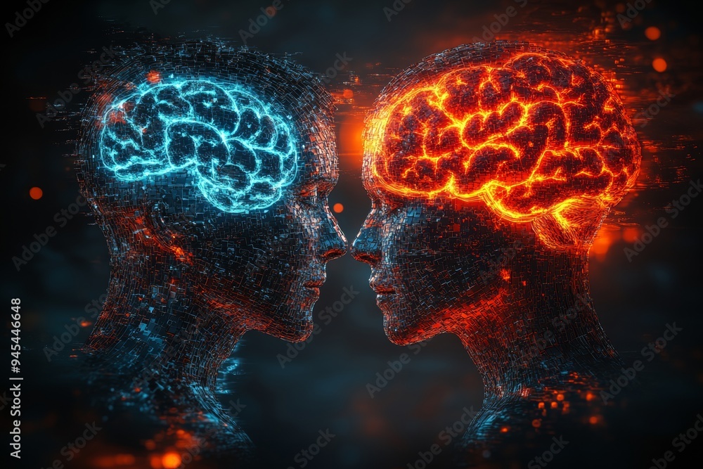 Poster futuristic digital illustration of dual brains with glowing neural patterns depicting the contrast b