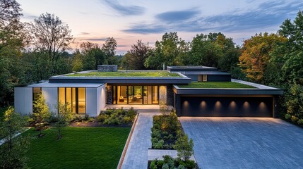 Modern house with a green roof, illuminated at dusk, with a paved driveway.