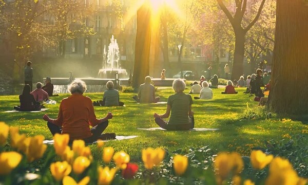 elderly individuals practicing yoga in a bustling city park with a serene fountain providing a peaceful backdrop to their mindful exercise routine in the heart of urban nature