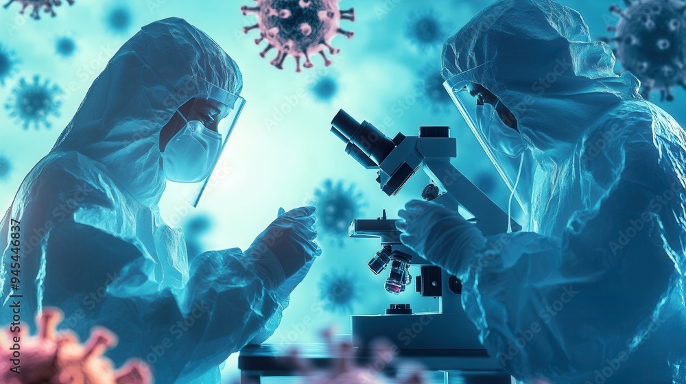 Poster Medical professionals in protective suits examine viruses through a microscope, emphasizing the importance of disease control in public health. Generative AI