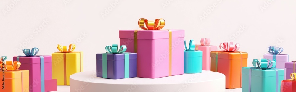 Poster 3D rendering of a podium surrounded by vibrant gift boxes against a white backdrop with clipping path