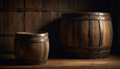 Vintage Wooden Barrels in Dim Light