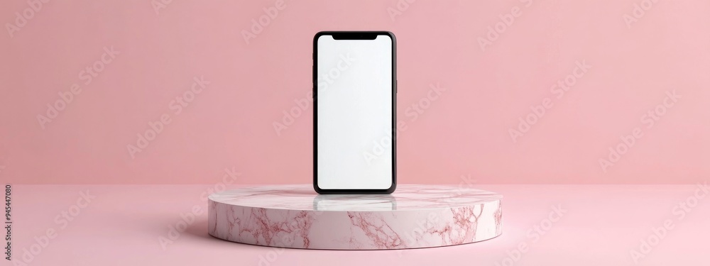 Poster 3d rendering of a smartphone with a blank white screen displayed on a round marble pedestal tilted t