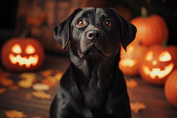 halloween glowing pumpkin labrador black big dog black labrador looking at camera blurred background autumn indoors outdoor - Powered by Adobe