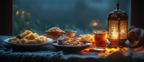 Cozy Evening Meal with Traditional Lantern and Assorted Dishes on a Rustic Table