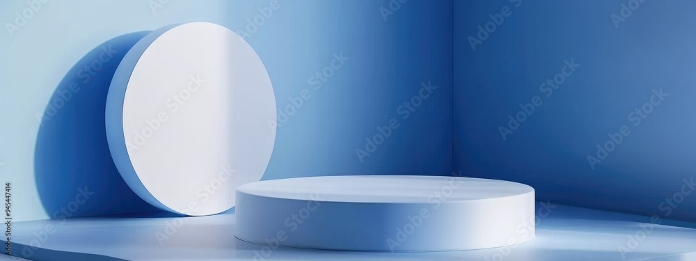 Poster 3d mockup of a blue and white product podium featuring a minimal abstract background rendered in 3d