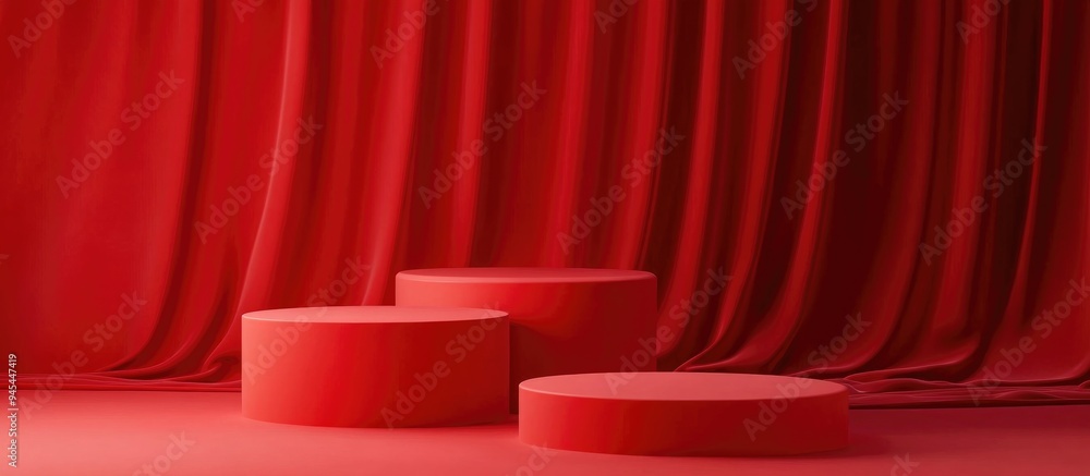 Poster 3D rendering of an abstract red backdrop featuring vacant cylindrical podiums for product display Unoccupied festive showcase