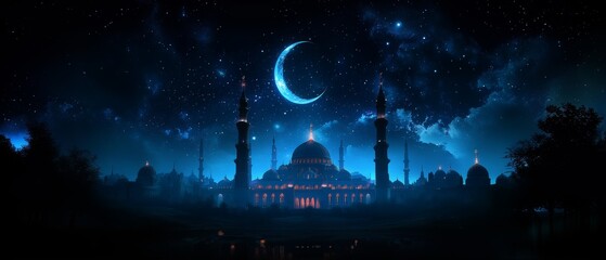 Stunning Nighttime View of a Grand Mosque with Crescent Moon and Starry Sky in the Background