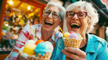 An old lesbian couple is eating ice cream. Two elderly gray-haired happy women are laughing, holding waffle cones with colorful ice cream balls in their hands