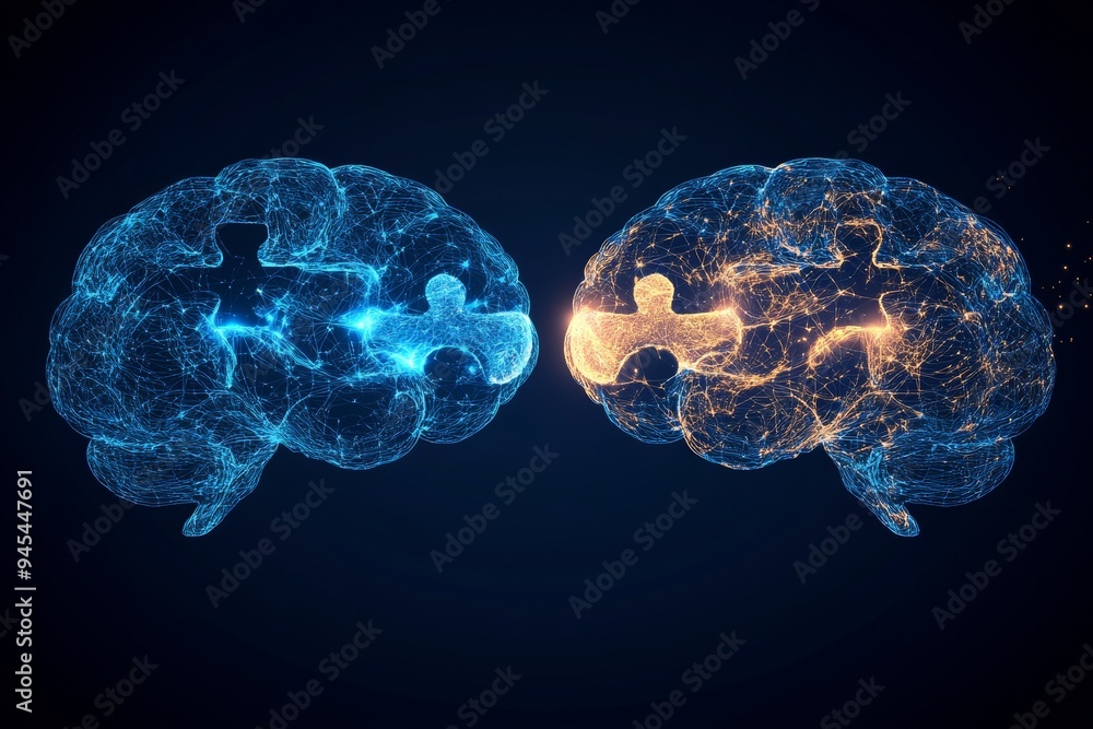 Poster futuristic digital illustration of dual brains with glowing neural connections depicting the symmetr