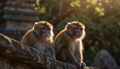 Naklejka premium Two Monkeys in Golden Light