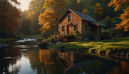 Fototapeta premium Serene Cabin by the River