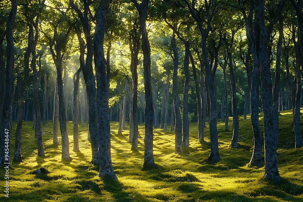 Aufkleber sunbeams filtering through a dense forest of tall trees - realistic image