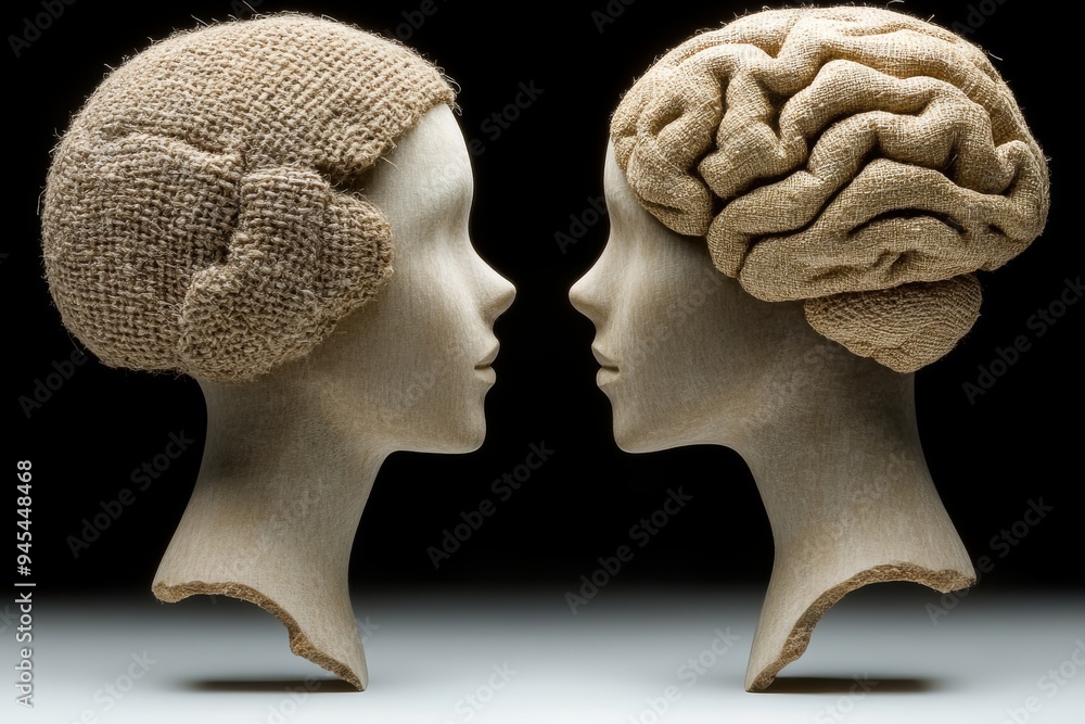 Poster minimalistic sculptures of female heads with brain patterns depicting the duality of cognitive and e