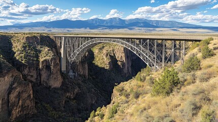 A panoramic view of the Rio Grande Gorge Bridge in New Mexico, with ample copy space.